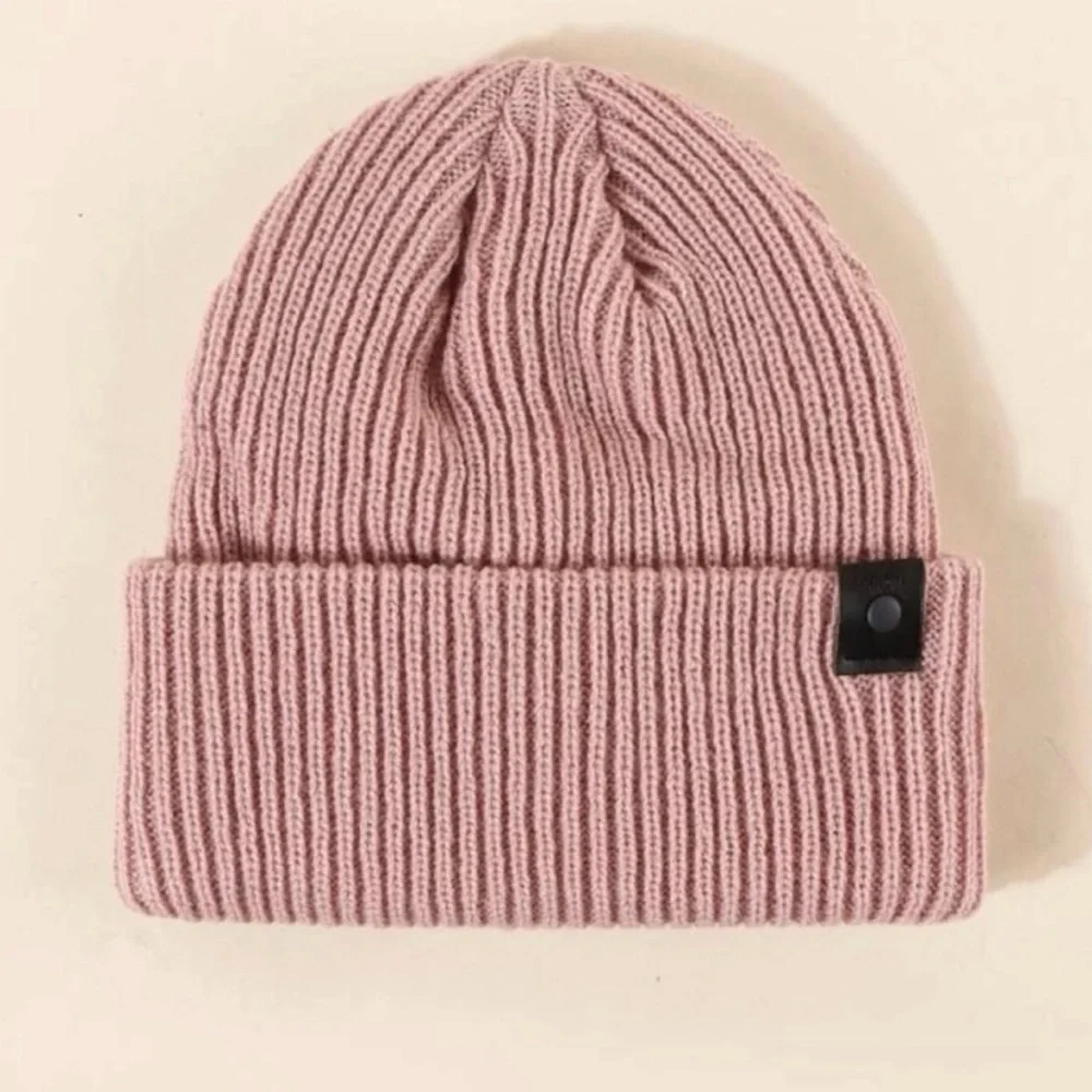 Ribbed Knit Beanie With Snap Button Detail, Dusty Pink